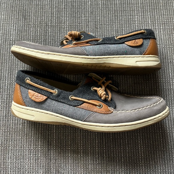 Sperry | Tan Leather Denim Fabric & Gray Suede Boat Shoe - Picture 9 of 9